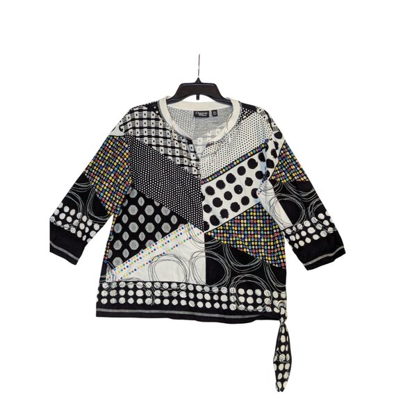 Onque Casual Womens XL Printed Tunic Top With Grommet Detail & Tie Hem Black/Whi - Picture 1 of 7